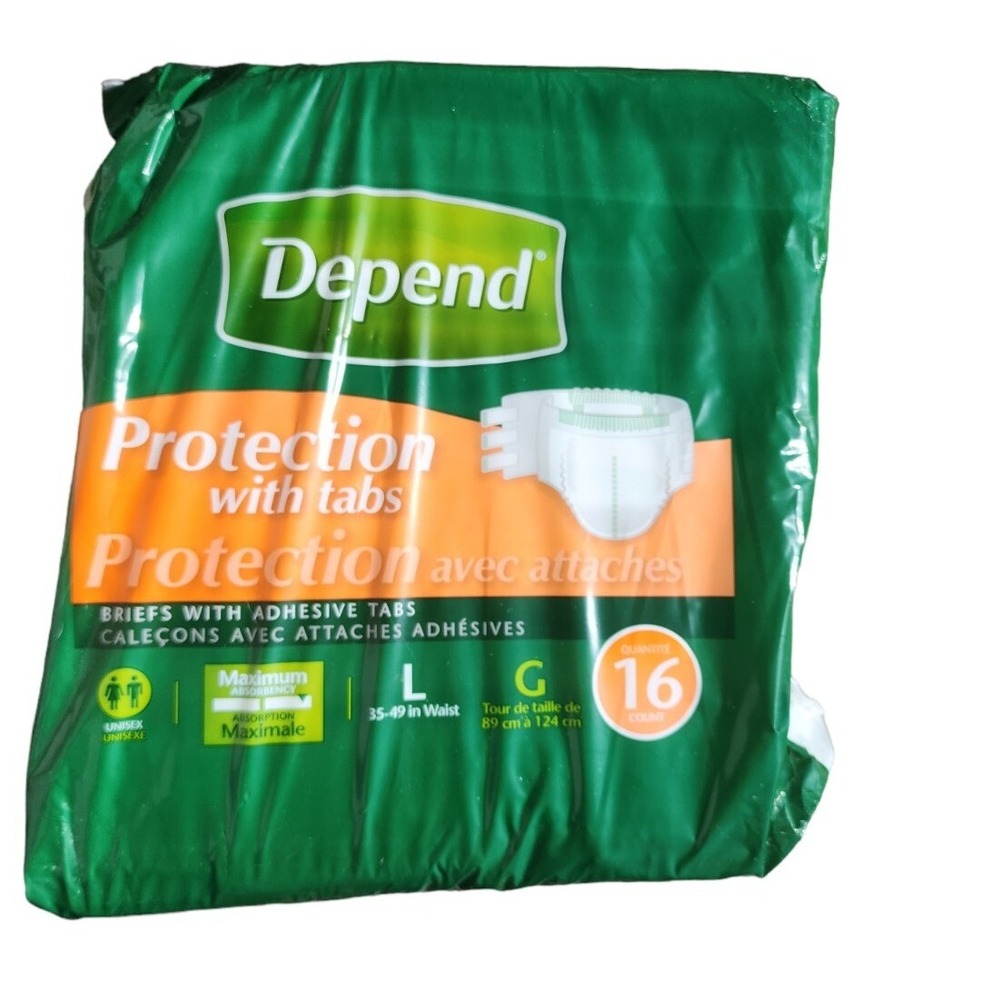 Depend Incontinence Brief w/Tabs Size L Unisex Maximum Protection 16ct NEW